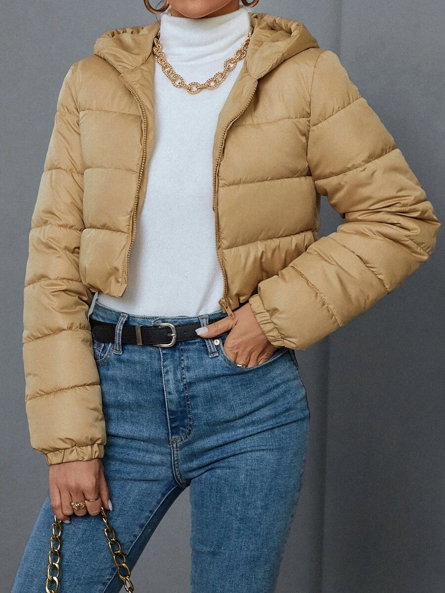 SHEIN Essnce Casual Solid Color Hooded Short Padded Padded Coat, Versatile Suitable For Winter Clothes - Khaki - View 1