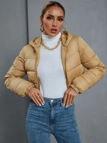 SHEIN Essnce Casual Solid Color Hooded Short Padded Padded Coat, Versatile Suitable For Winter Clothes - Khaki - View 3