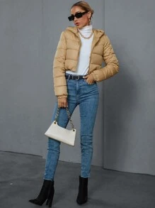 SHEIN Essnce Casual Solid Color Hooded Short Padded Padded Coat, Versatile Suitable For Winter Clothes - Khaki - View 4