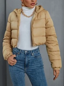 SHEIN Essnce Casual Solid Color Hooded Short Padded Padded Coat, Versatile Suitable For Winter Clothes - Khaki - View 5