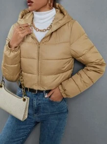 SHEIN Essnce Casual Solid Color Hooded Short Padded Padded Coat, Versatile Suitable For Winter Clothes - Khaki - View 6