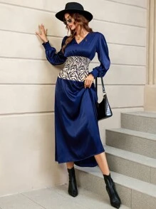 SHEIN Unity 斑馬紋腰部打褶A字連衣裙 - 寶藍色 - 查看 3