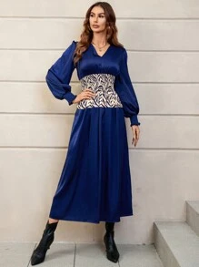 SHEIN Unity 斑馬紋腰部打褶A字連衣裙 - 寶藍色 - 查看 5