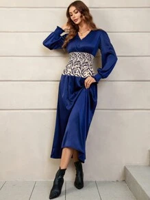 SHEIN Unity 斑馬紋腰部打褶A字連衣裙 - 寶藍色 - 查看 6