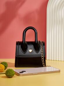 Bolsa De Hombro Con Asa Única Mini De Moda Con Decoración De Cadena, Bolsa De Mano Linda, Bolsa De Regalo - Negro - Ver 5