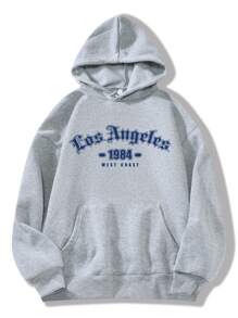 SHEIN EZwear Letter Graphic Kangaroo Pocket Drawstring Thermal Hoodie - Grey - View 1