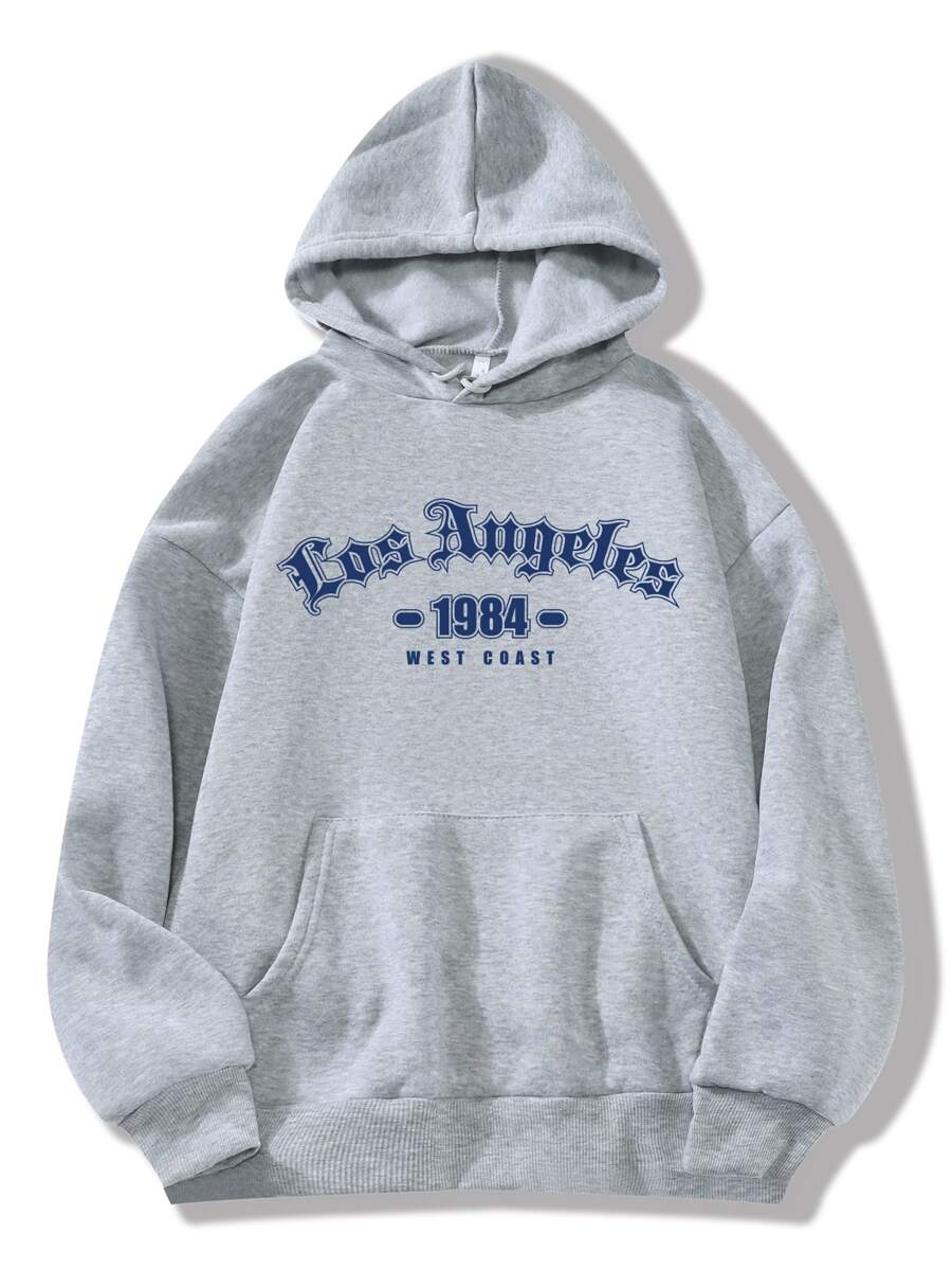 SHEIN EZwear Letter Graphic Kangaroo Pocket Drawstring Thermal Hoodie - Grey - View 1