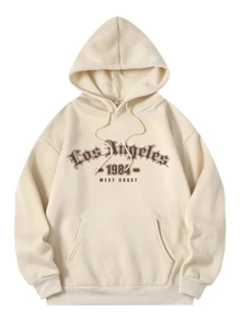 SHEIN EZwear Letter Graphic Kangaroo Pocket Drawstring Thermal Hoodie - Apricot - View 1