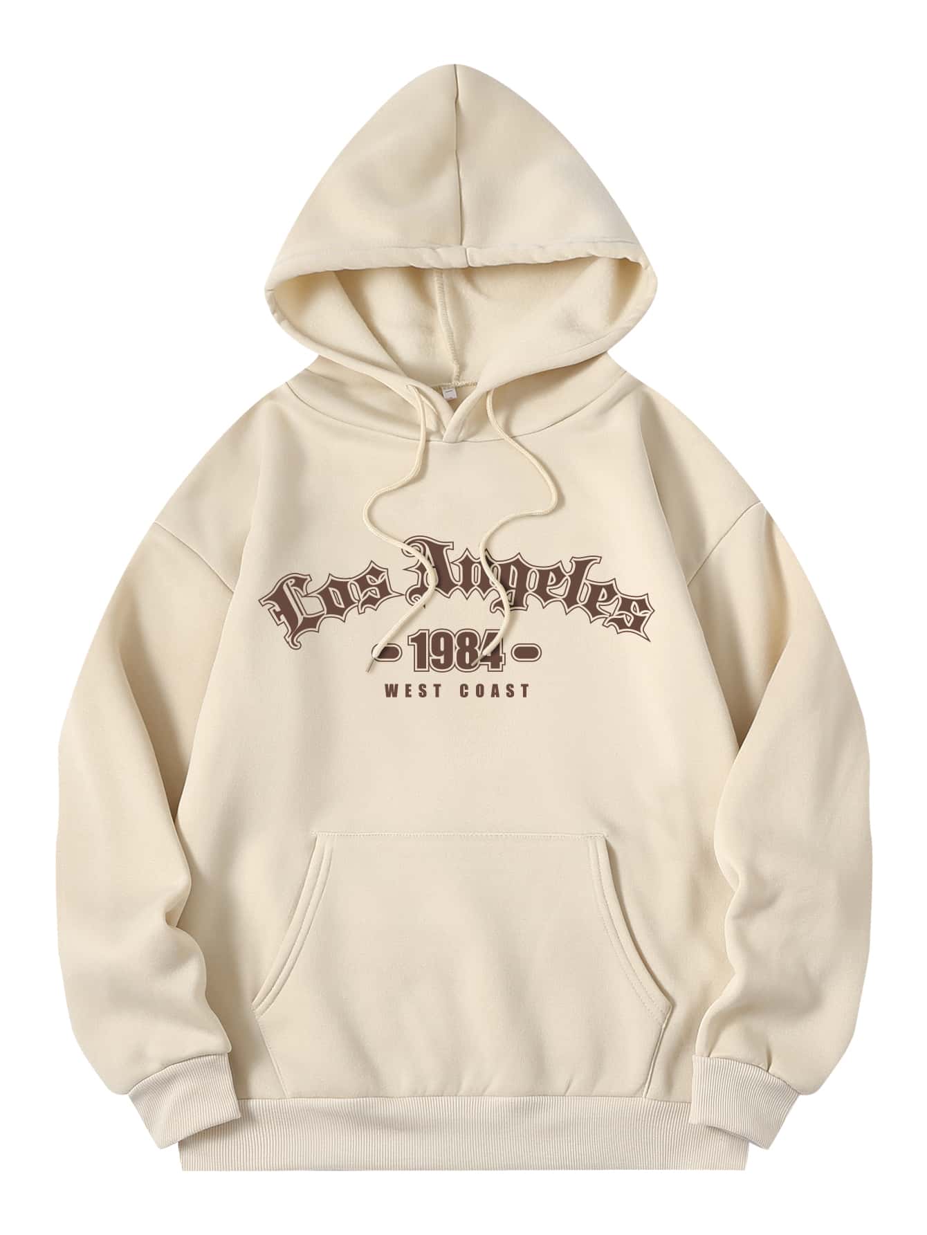 SHEIN EZwear Letter Graphic Kangaroo Pocket Drawstring Thermal Hoodie - Apricot - View 1