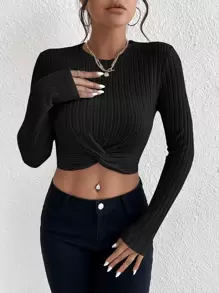 SHEIN Essnce Twist Front Crop Tee - Black - View 1