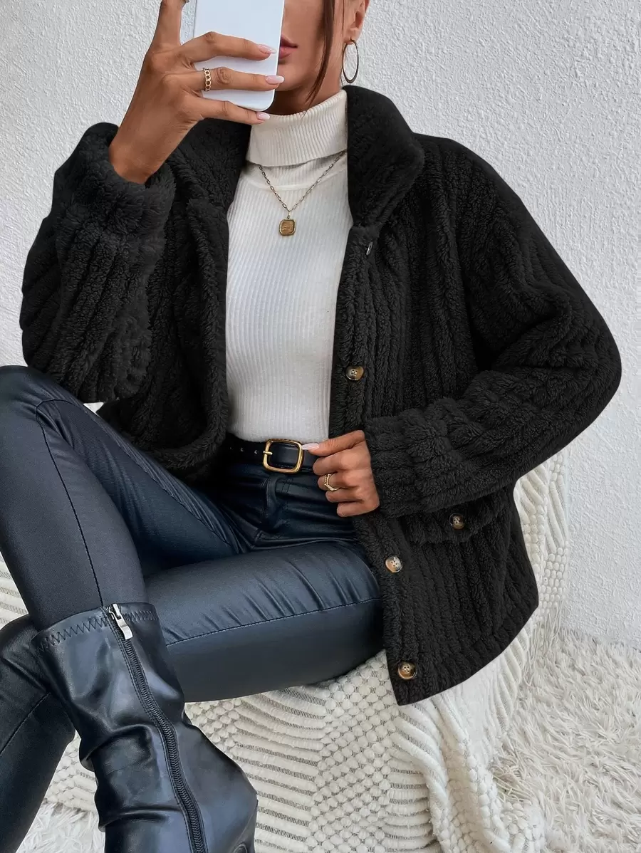 SHEIN Frenchy 秋冬落肩纽扣泰迪夹克 - 黑色 - 查看 1