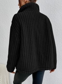 SHEIN Frenchy 秋冬落肩纽扣泰迪夹克 - 黑色 - 查看 2