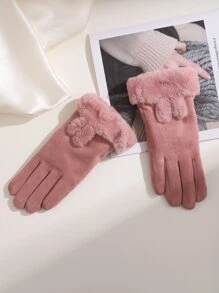Cartoon Ear Decor Contrast Fluffy Gloves - Pink - View 3