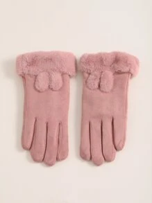 Cartoon Ear Decor Contrast Fluffy Gloves - Pink - View 4