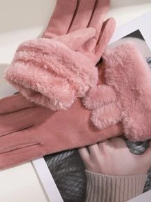 Cartoon Ear Decor Contrast Fluffy Gloves - Pink - View 5