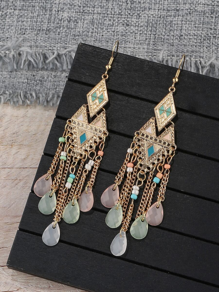 Geometric Decor Tassel Drop Earrings - Multicolor - View 1