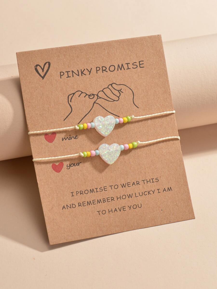 時尚流行男士2入組情侶心形裝飾手鍊，適合珠寶禮物和時尚外觀 - 米色 - 查看 1