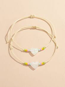 時尚流行男士2入組情侶心形裝飾手鍊，適合珠寶禮物和時尚外觀 - 米色 - 查看 2