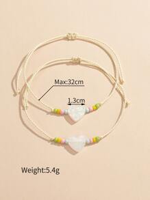 時尚流行男士2入組情侶心形裝飾手鍊，適合珠寶禮物和時尚外觀 - 米色 - 查看 3