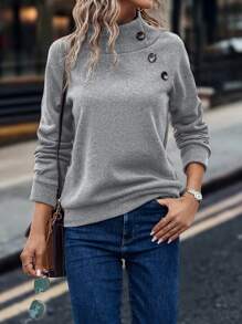 SHEIN LUNE Button Detail Raglan Sleeve Sweatshirt - Grey - View 1