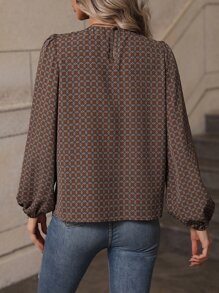 SHEIN LUNE Allover Geo Print Lantern Sleeve Blouse - Coffee Brown - View 2
