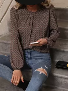 SHEIN LUNE Allover Geo Print Lantern Sleeve Blouse - Coffee Brown - View 4