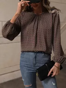 SHEIN LUNE Allover Geo Print Lantern Sleeve Blouse - Coffee Brown - View 5