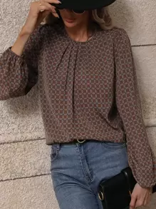 SHEIN LUNE Allover Geo Print Lantern Sleeve Blouse - Coffee Brown - View 6
