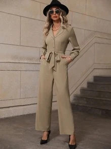 SHEIN Essnce 西裝領腰帶襯衫連體褲