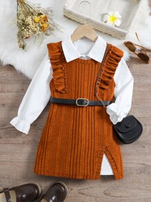 SHEIN 小女童荷葉袖襯衫洋裝和下擺開叉洋裝 - 彩色 - 查看 1