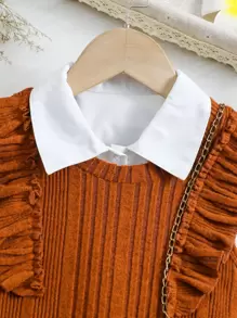 SHEIN 小女童荷葉袖襯衫洋裝和下擺開叉洋裝 - 彩色 - 查看 3