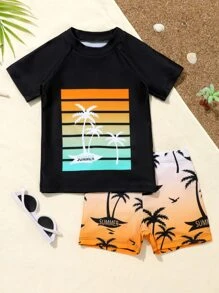 Young Boy Coconut Tree Print Beach Swimsuit - Multicolor - View 1