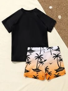 Young Boy Coconut Tree Print Beach Swimsuit - Multicolor - View 2