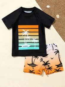 Young Boy Coconut Tree Print Beach Swimsuit - Multicolor - View 4