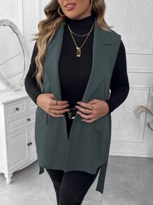 Mulvari Plus Lapel Neck Belted Vest Blazer - Dark Grey - View 1