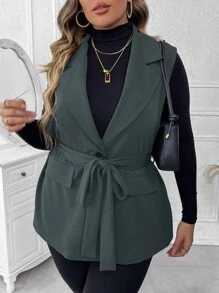 Mulvari Plus Lapel Neck Belted Vest Blazer - Dark Grey - View 3