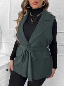 Mulvari Plus Lapel Neck Belted Vest Blazer - Dark Grey - View 5