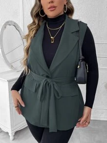 Mulvari Plus Lapel Neck Belted Vest Blazer - Dark Grey - View 6