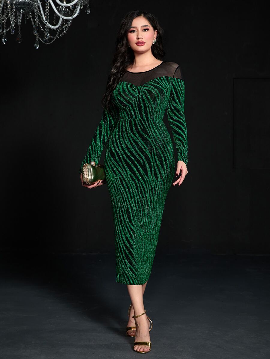 Modelyn Đầm Chia Tương phản Mesh Sọc ngựa vằn Thanh lịch - Nhiều màu - Xem 1