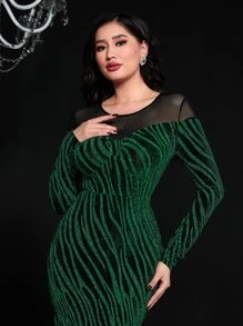 Modelyn Đầm Chia Tương phản Mesh Sọc ngựa vằn Thanh lịch - Nhiều màu - Xem 3