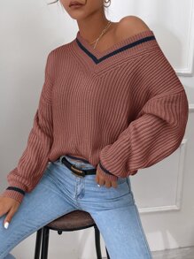 RueChic Striped Trim Drop Shoulder Cricket Jumper - Rust Brown - View 3