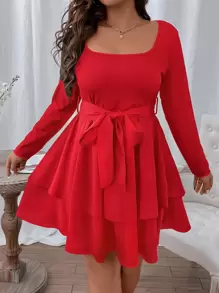 Flirla Vestido con cinturón de dos capas bajo - Rojo - Ver 1