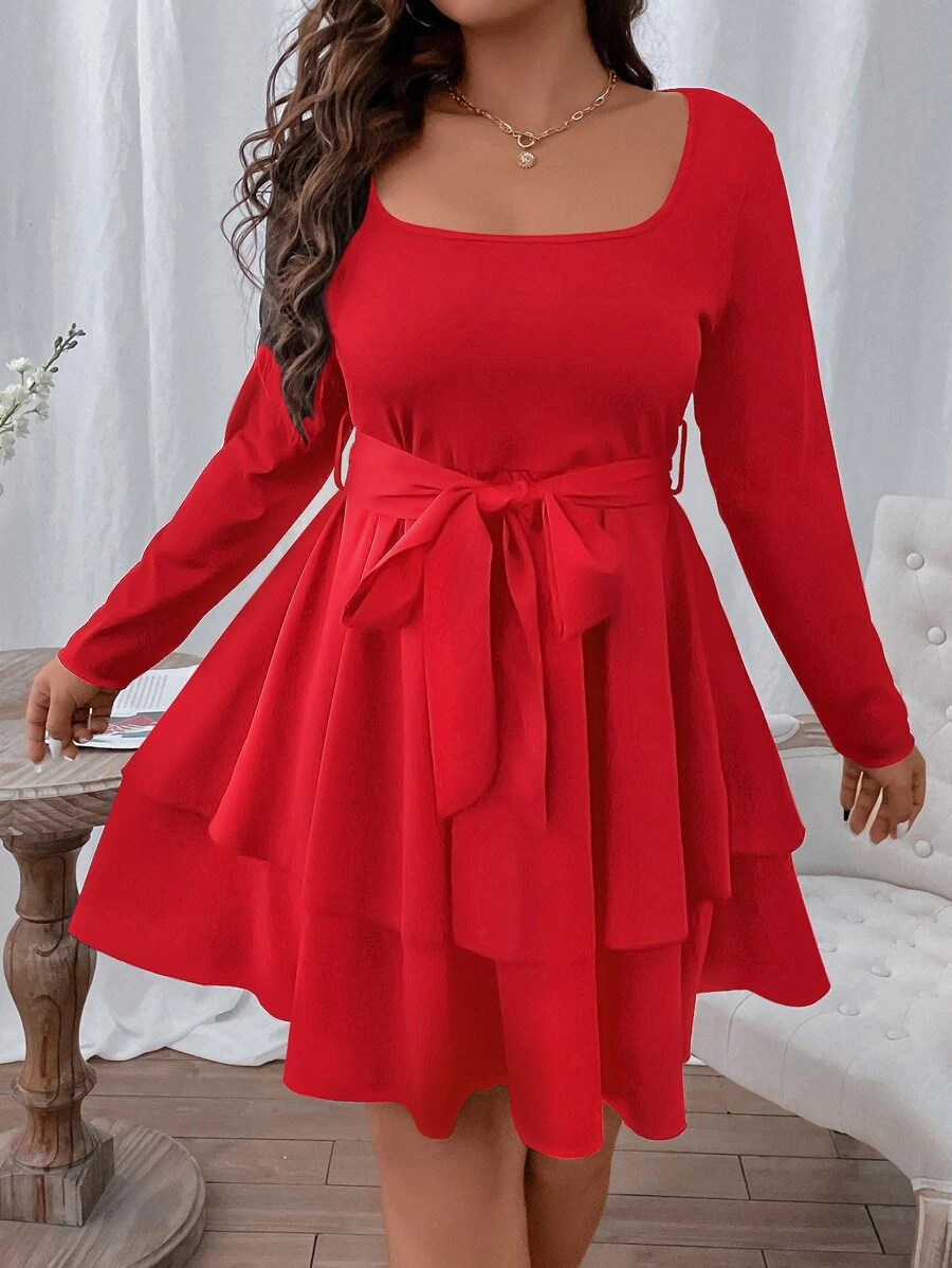 Flirla Vestido con cinturón de dos capas bajo - Rojo - Ver 1
