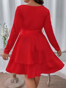 Flirla Vestido con cinturón de dos capas bajo - Rojo - Ver 2