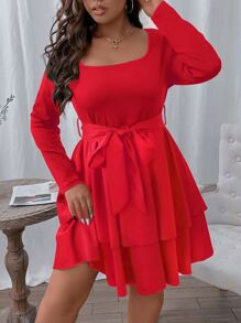 Flirla Vestido con cinturón de dos capas bajo - Rojo - Ver 3