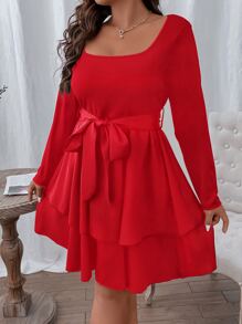 Flirla Vestido con cinturón de dos capas bajo - Rojo - Ver 4
