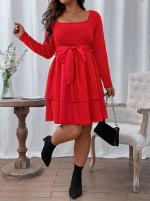 Flirla Vestido con cinturón de dos capas bajo - Rojo - Ver 5