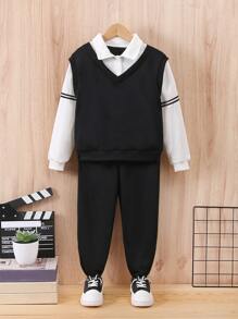 Boys Striped Tape 2 In 1 Pullover & Joggers - Black and White - View 1