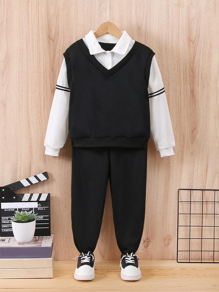 Boys Striped Tape 2 In 1 Pullover & Joggers - Black and White - View 1