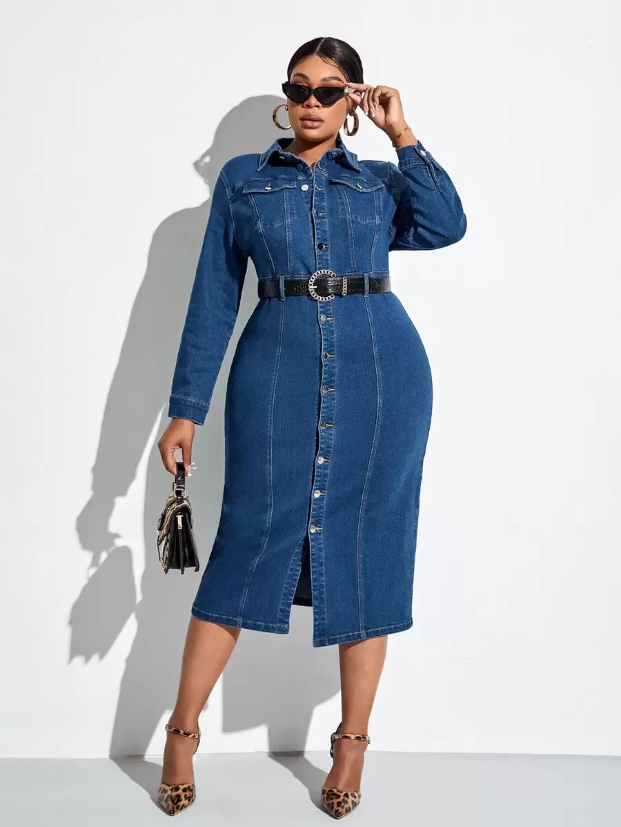 SHEIN SXY Plus Flap Pocket Button Up Denim Dress Without Belt - Dark Wash - View 1